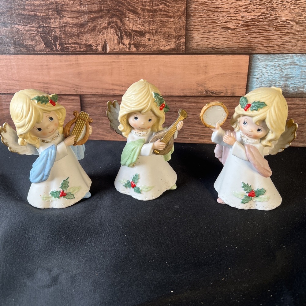 Vtg Homco Set of 3 Porcelain Blonde Angels w/Instruments-Blue Green Pink Dresses